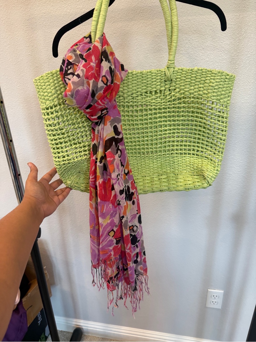 Lime Green Woven Tote Bag beach bag with Pink Floral travel vacation resort